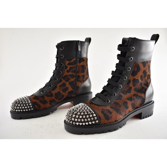 Christian Louboutin TS Croc Flat Black Leopard Pony Spike Combat Ankle Boot 36.5 - Picture 12 of 15
